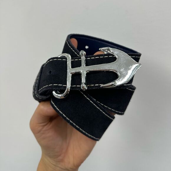 Vintage Blue Suede Leather Anchor Nautical Belt Silver Tine Buckle adjustable M - Picture 2 of 9
